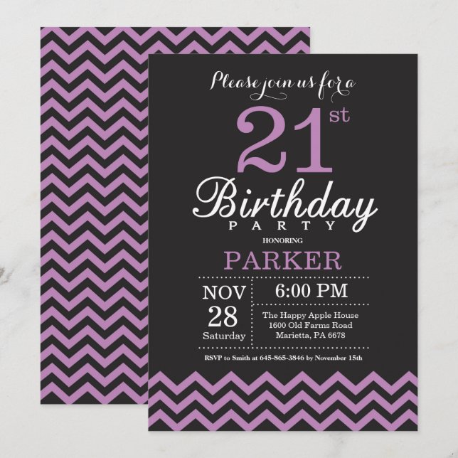 21st Birthday Invitation Black and Purple (Front/Back)