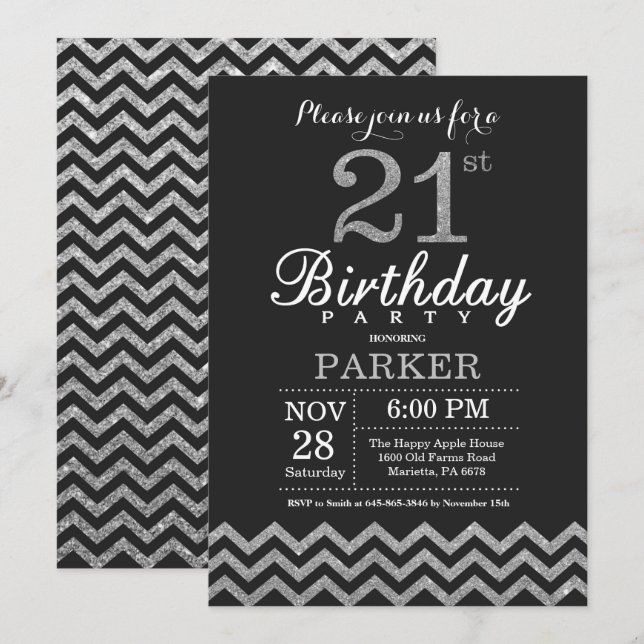 21st Birthday Invitation Black and Silver Glitter (Front/Back)