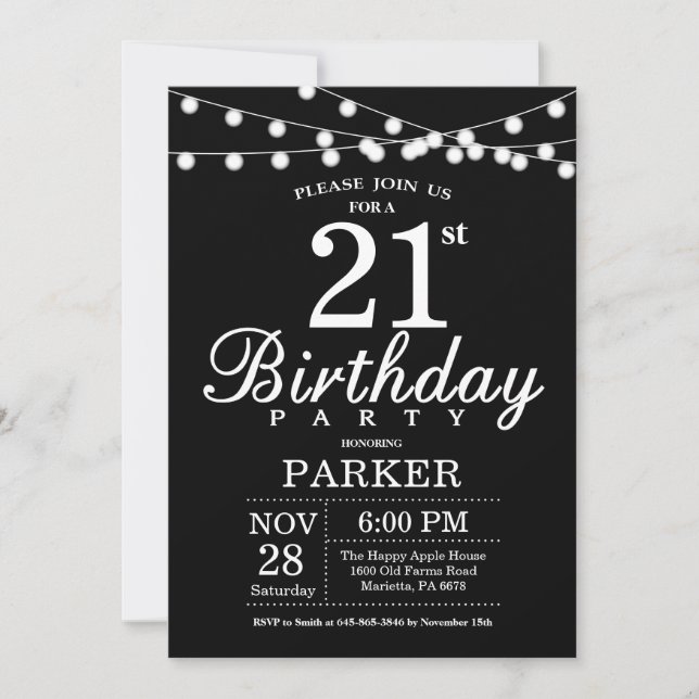 21st Birthday Invitation Black and White (Front)