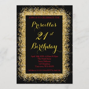 21st Birthday invitation, black, confetti, gold Invitation