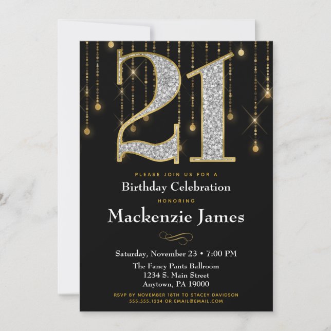 21st Birthday Invitation Black Gold Diamonds Adult (Front)