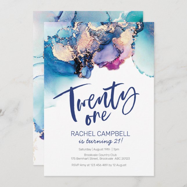 21st Birthday Invitation Blue Abstract Watercolor (Front/Back)