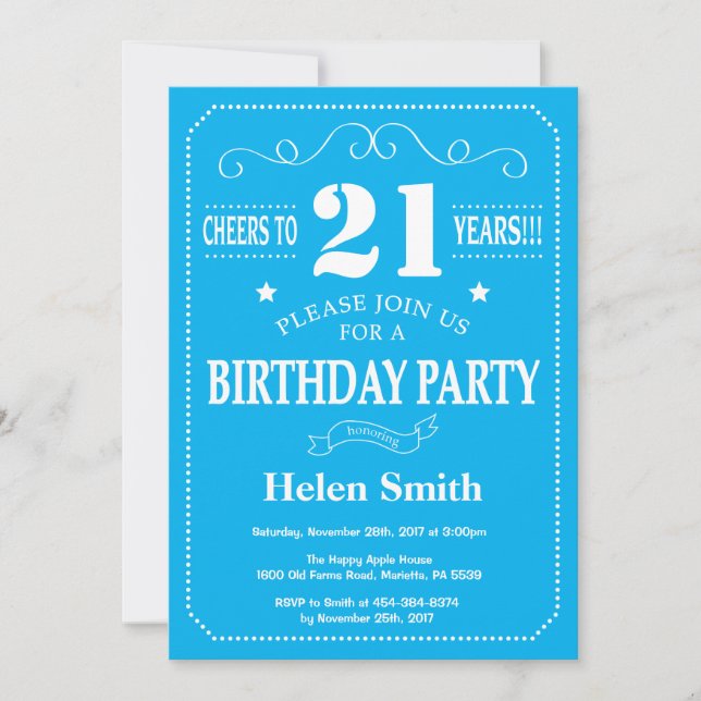 21st Birthday Invitation Blue and White (Front)