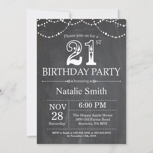 21st Birthday Invitation Chalkboard String Lights (Front)