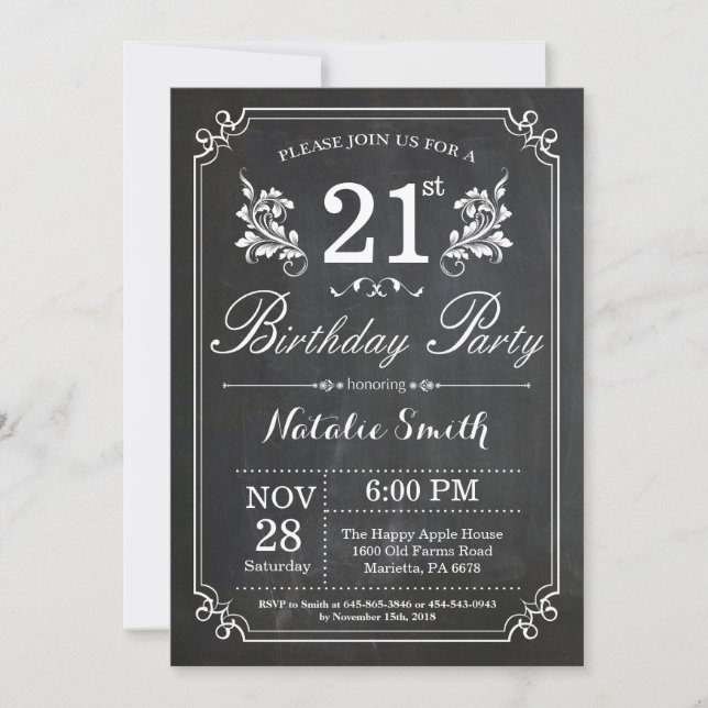 21st Birthday Invitation Floral Chalkboard (Front)