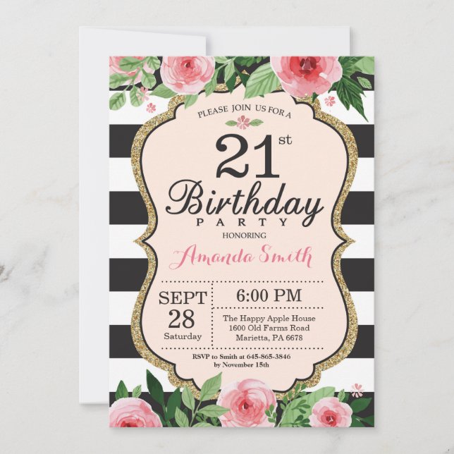 21st Birthday Invitation. Floral Pink Gold Black Invitation (Front)
