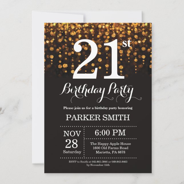 21st Birthday Invitation Gold Glitter (Front)