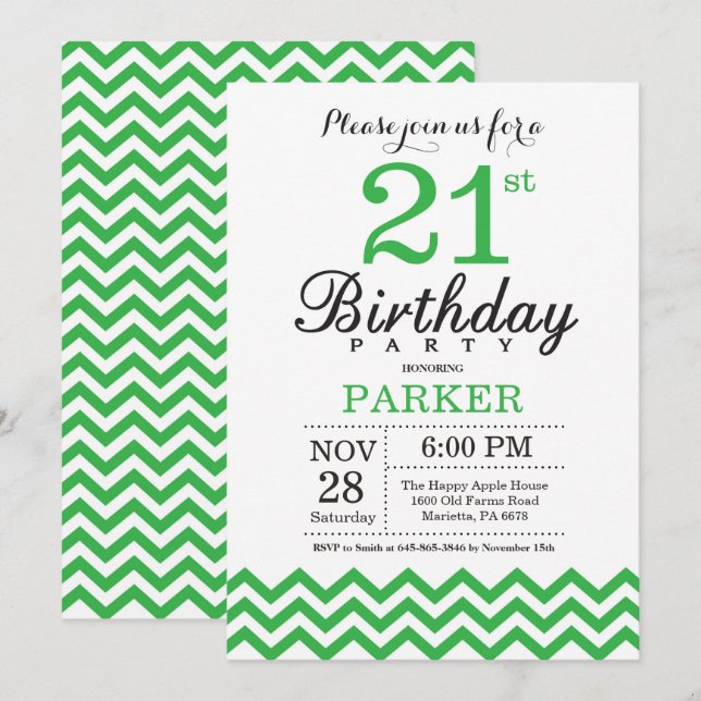 21st Birthday Invitation Green Chevron (Front/Back)