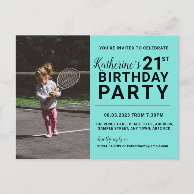21st Birthday Invitation Photo Card Cyan (Front)