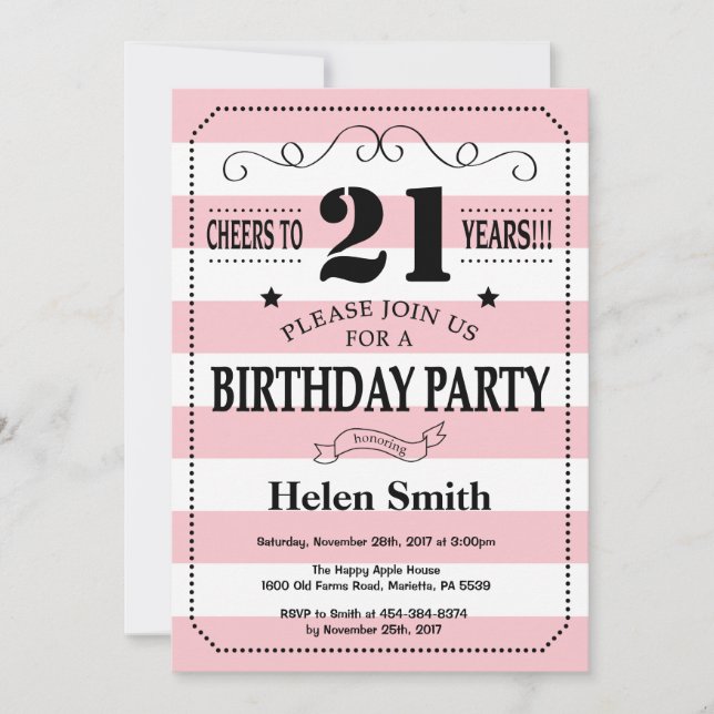 21st Birthday Invitation Pink and White Stripes (Front)