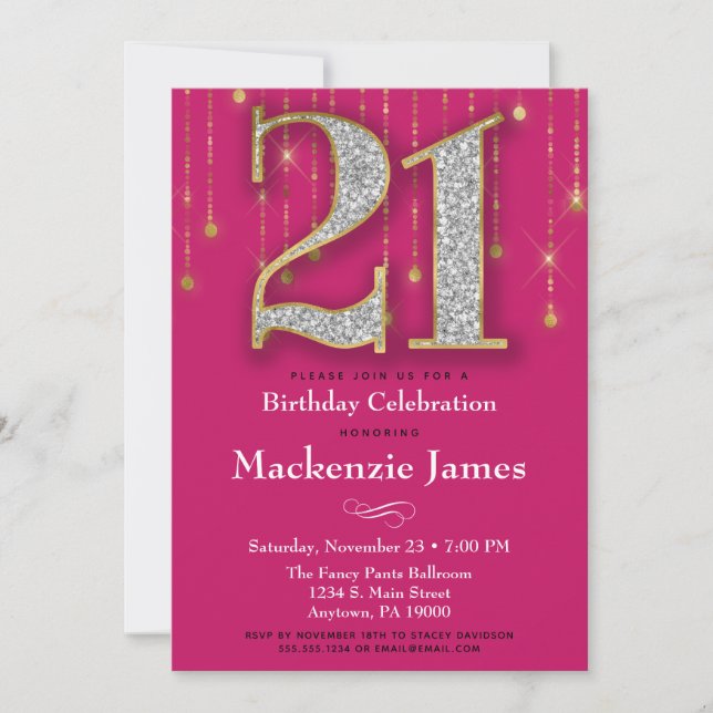 21st Birthday Invitation Pink Gold Diamonds Adult (Front)