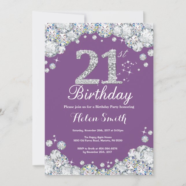 21st Birthday Invitation Purple and Silver Diamond (Front)