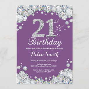 21st Birthday Invitation Purple and Silver Diamond