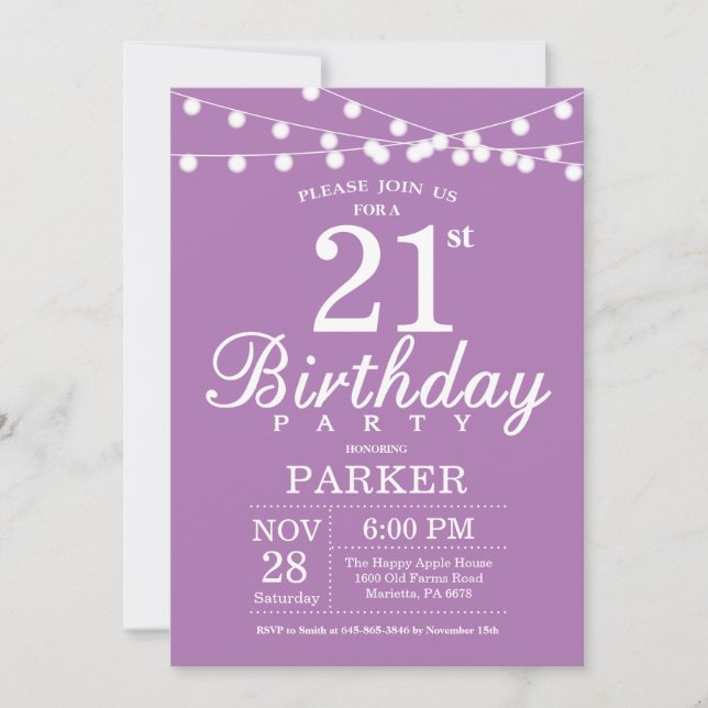 21st Birthday Invitation Purple Lavender Lilac (Front)
