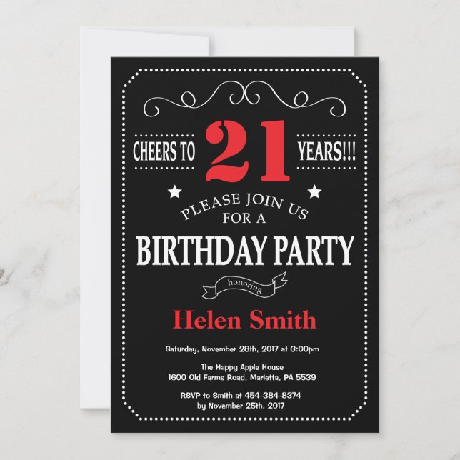 21st Birthday Invitation Red and Black Chalkboard (Front)