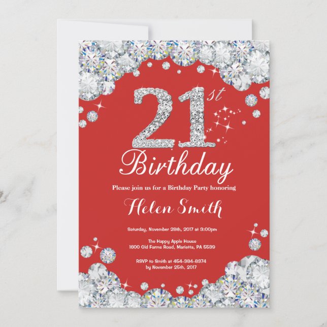 21st Birthday Invitation Red and Silver Diamond (Front)