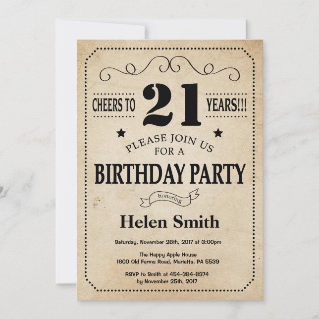 21st Birthday Invitation Rustic Vintage Retro (Front)
