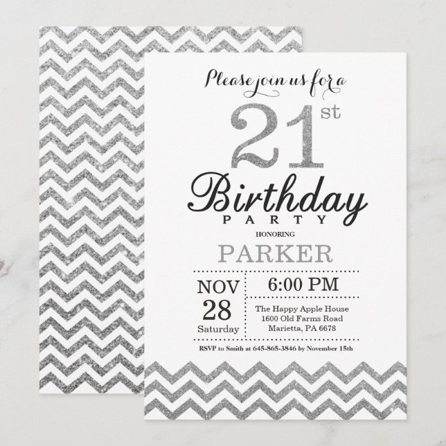 21st Birthday Invitation Silver Glitter (Front/Back)