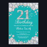 21st Birthday Invitation Teal and Silver Diamond<br><div class="desc">21st Birthday Invitation. Teal and Silver Rhinestone Diamond Teal Turquoise Aqua Background. Elegant Birthday Bash invite. Adult Birthday. Women Birthday. Men Birthday. For further customisation,  please click the "Customise it" button and use our design tool to modify this template.</div>
