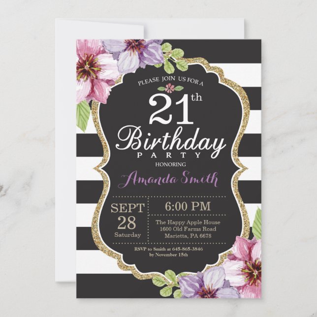 21st Birthday Invitation Women. Floral Gold Black (Front)