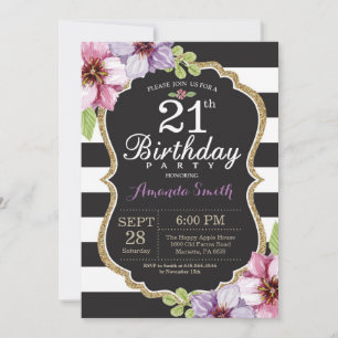 21st Birthday Invitation Women. Floral Gold Black