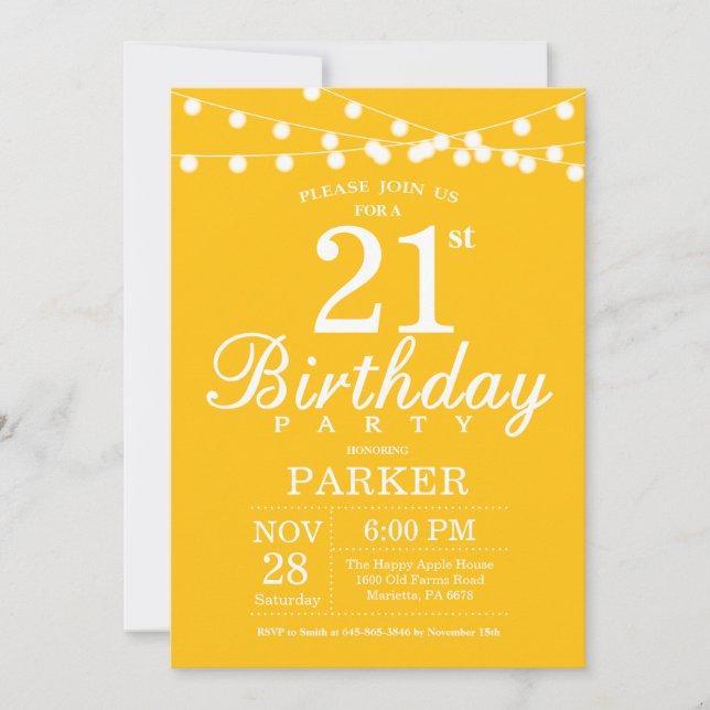 21st Birthday Invitation Yellow (Front)