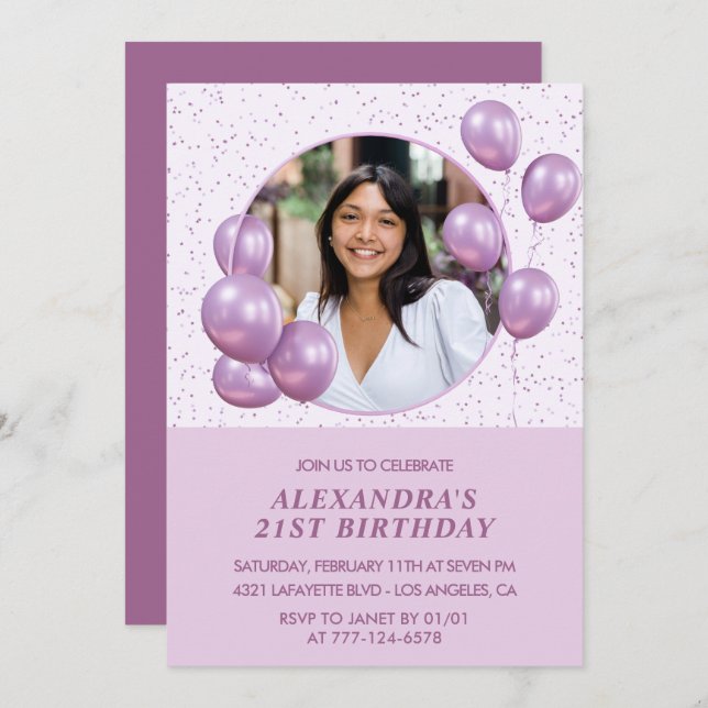 21st birthday invitations Balloons Photo Purple (Front/Back)