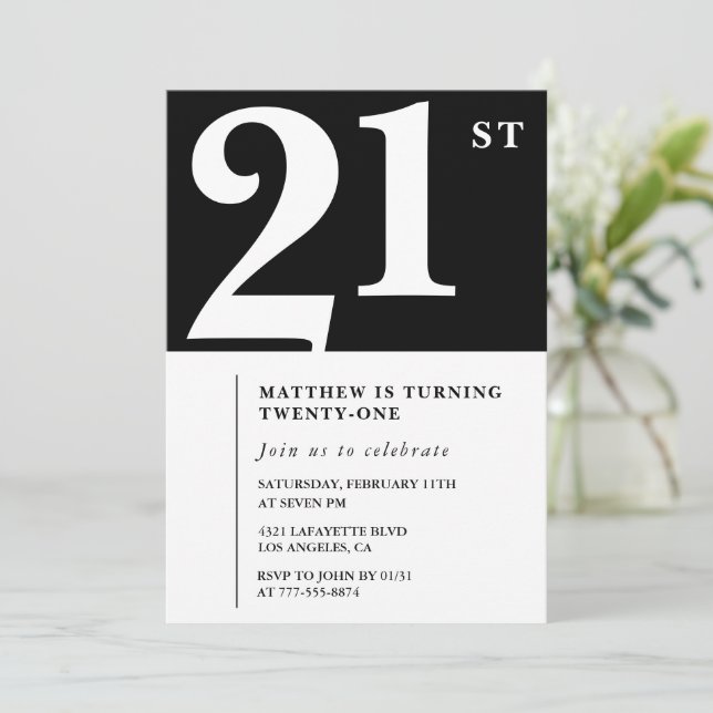 21st birthday invitations Black White Elegant (Standing Front)