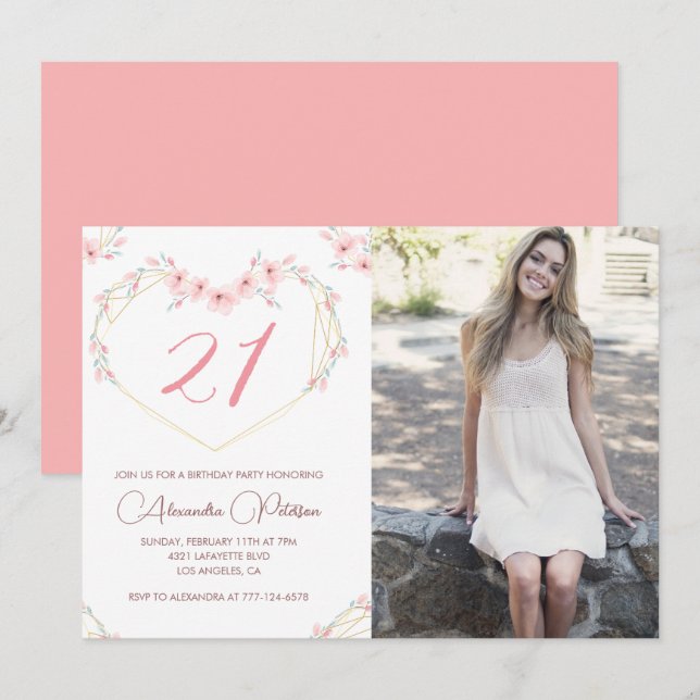21st birthday invitations Boho Floral Photo (Front/Back)