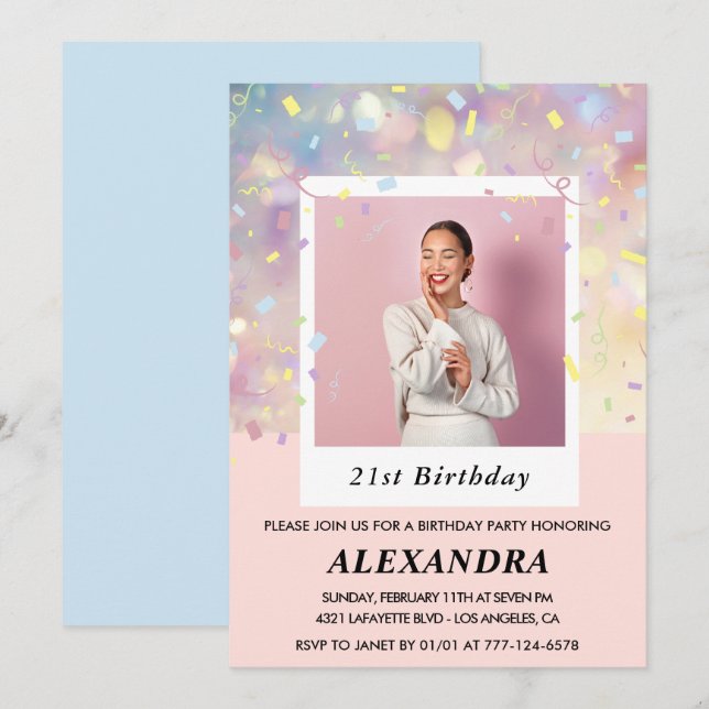 21st birthday invitations Confetti Photo Pink (Front/Back)