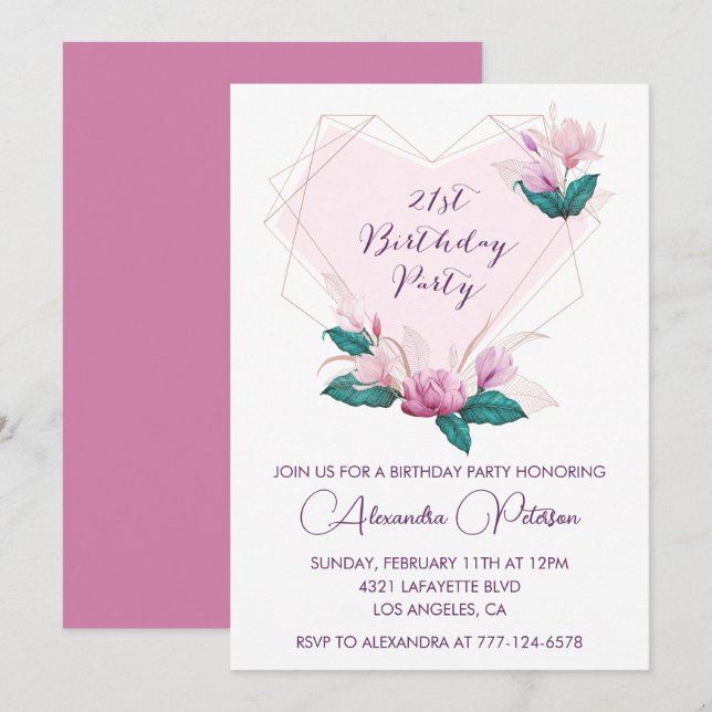 21st birthday invitations Elegant Boho pink (Front/Back)
