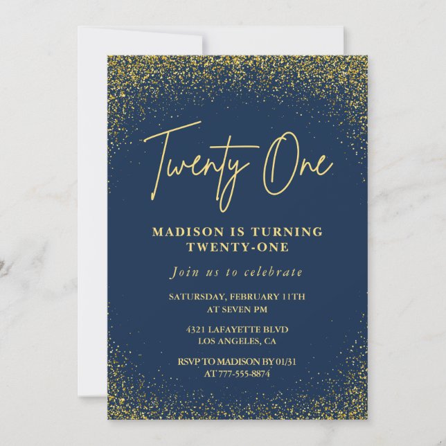 21st birthday invitations Gold Navy Glitter (Front)