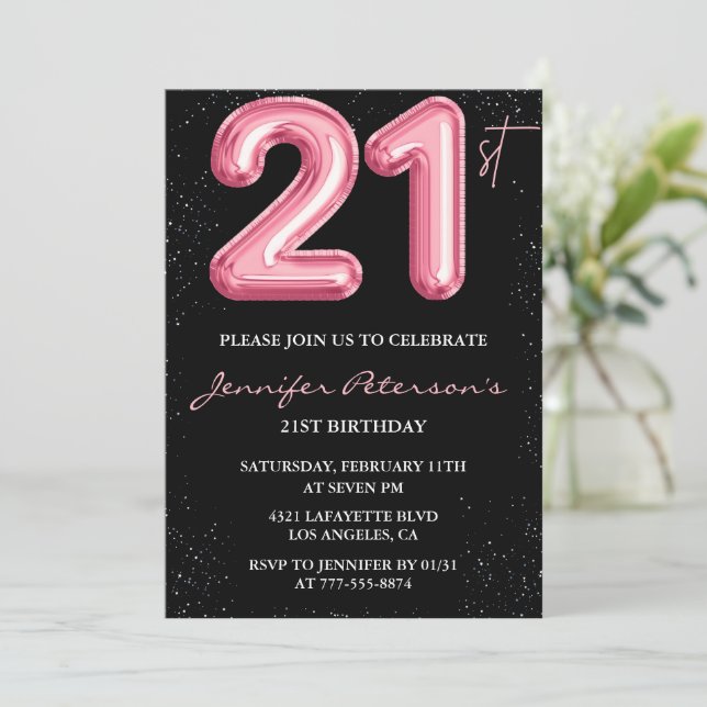21st birthday invitations Pink Balloon Glam Black  (Standing Front)