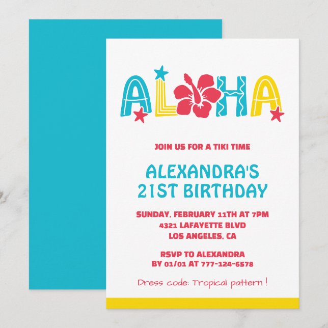 21st birthday invitations Tropical Aloha Hawaiian (Front/Back)