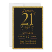 21st Birthday Invite Black and Glitter Gold
