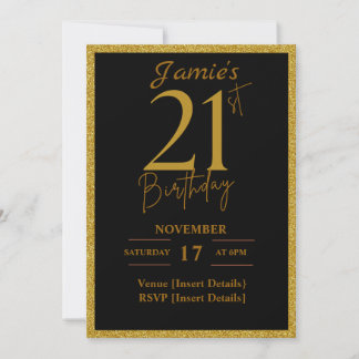 21st Birthday Invite Black and Glitter Gold