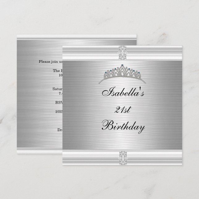 21st Birthday Jewel Tiara Silver & White Invitation (Front/Back)