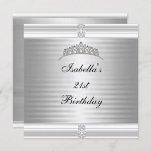 21st Birthday Jewel Tiara Silver & White Invitation