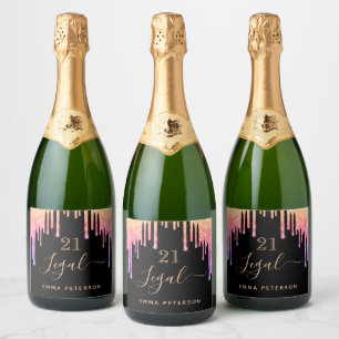 21st birthday legal black pink gold drips sparkling wine label