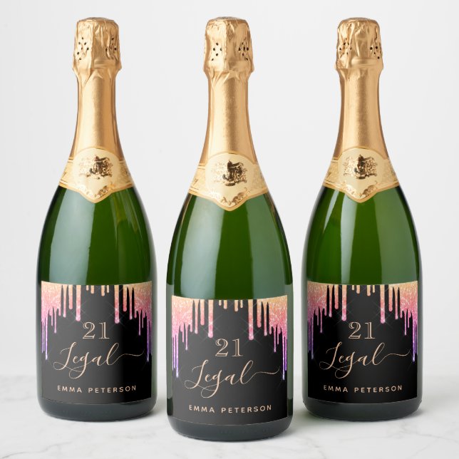 21st birthday legal black pink gold drips sparkling wine label (Bottles)