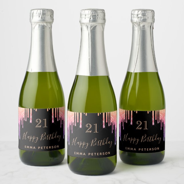21st birthday legal black pink purple glitter  sparkling wine label (Bottles)