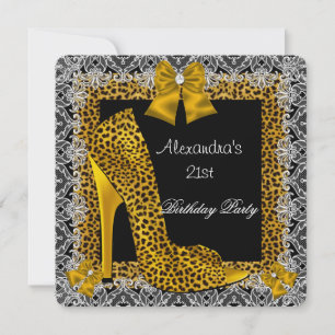 21st Birthday Leopard Gold High Heel Shoe Lace 2 Invitation