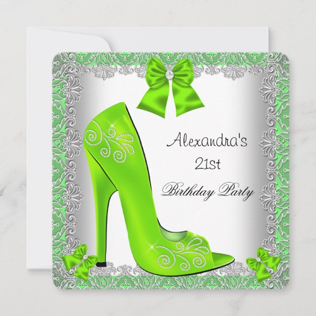 21st Birthday Lime High Heel Shoe Silver Lace Invitation (Front)