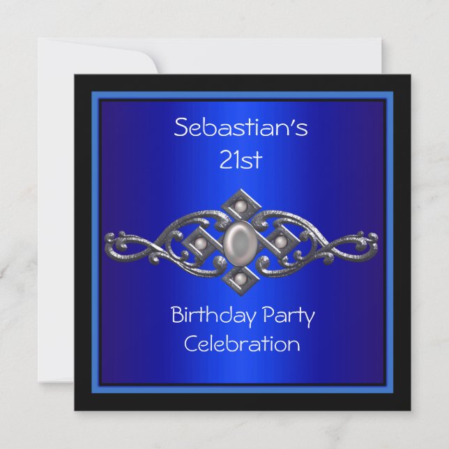 21st Birthday Mans Rich Blue Black Silver Invitation (Front)