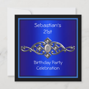 21st Birthday Mans Rich Blue Black Silver Invitation