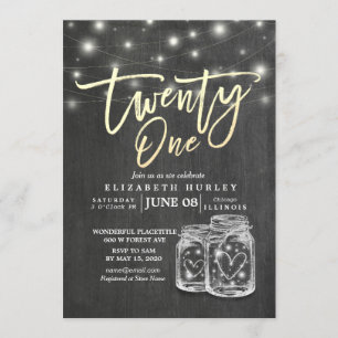 21st Birthday Mason Jars String Lights Chalkboard Invitation
