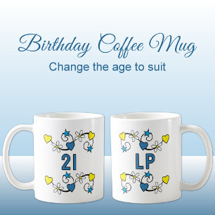 21st birthday milestone age initials blue yellow coffee mug