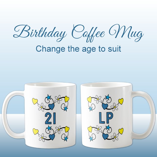 21st birthday milestone age initials blue yellow coffee mug (Creator Uploaded)