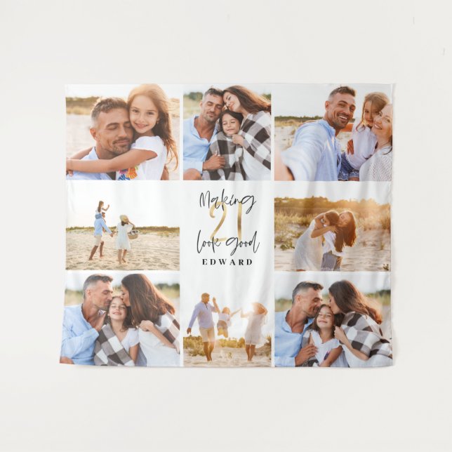 21st birthday modern black and gold photo collage tapestry (Front (Horizontal))