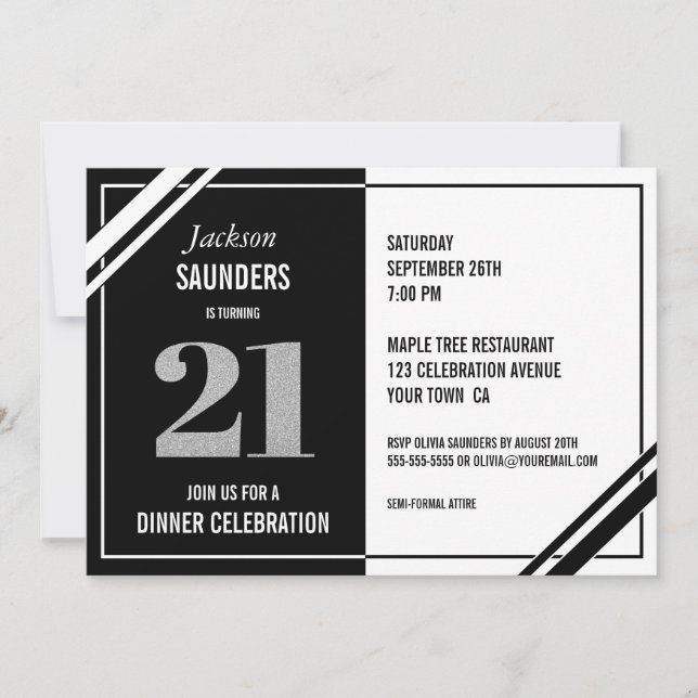 21st Birthday Modern Black and White Dinner Party Invitation (Front)